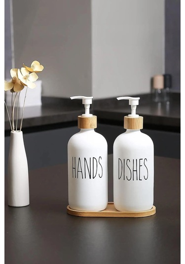 Beyaz Cam İkili Sıvı Sabunluk Seti 500 Ml Bambu Altlıklı Beyaz