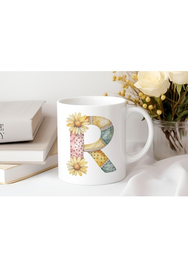 R Harfli Retro Çiçekli Kupa Bardak - Patchwork Tarz Yamalı Desenli İsme Özel Kupa - Hediye 07 Beyaz
