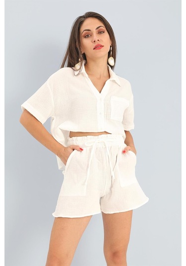 Takım Müslin Gömlek Şort - Ekru-ekru Ekru