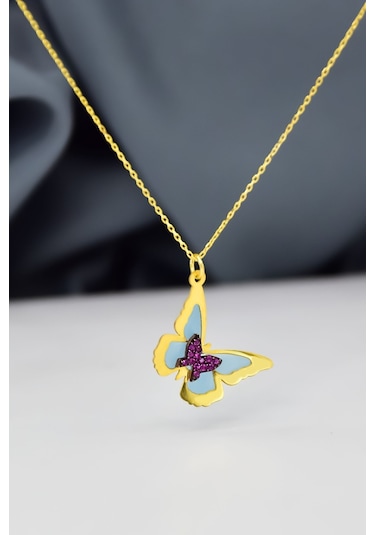 925 Ayar Gümüş Gold Kaplama Rüya Serisi Cam Boyalı İç İçe Kelebek Kolye