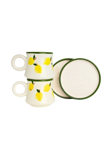 2 Li Takım Limon Desenli El Yapımı Kazan Seramik Kahve Fincanı, Kahve Fincanı, Hand Made Beyaz