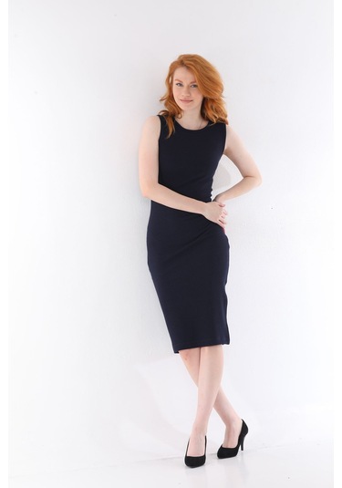 Kallima Lacivert Kolsuz Diz Altı Yırtmaçlı Fitilli Esnek Elbise