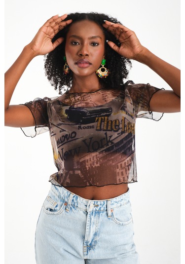 By Papi Baskılı Tül Crop Yeşil