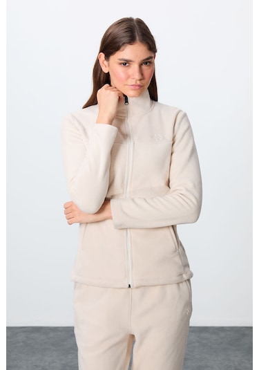 Tommy Life Bej Kalın Yumuşak Dokulu Dik Yaka Oversize Nakışlı Polar Kadın Eşofman Takım -95339 Bej