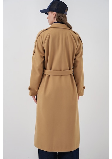 Kadın Kuşaklı Kaşe Kaban 9161 - Hardal Hardal