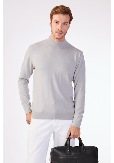 Dufy %100 Pamuk Düz Erkek Triko - Slim Fit Gri