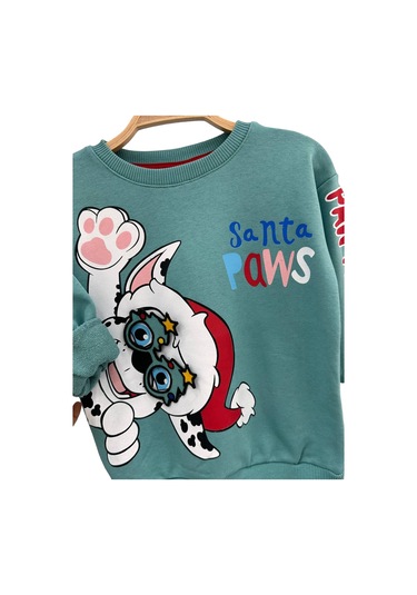 Çocuk Yeni Yıl Gözlük Nakış Detaylı Paw Noel Baskılı Pastel Yeşil Ton Sweatshirt Unisex Yeşil