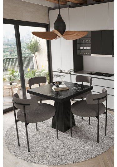 Avvio Lago Siyah Lake Mdf Ayak 80x80 Yemek Masası Mutfak Masası 4 Kişilik Masa Takımı Teddy Sandalye Siyah Mermer Avvio9888