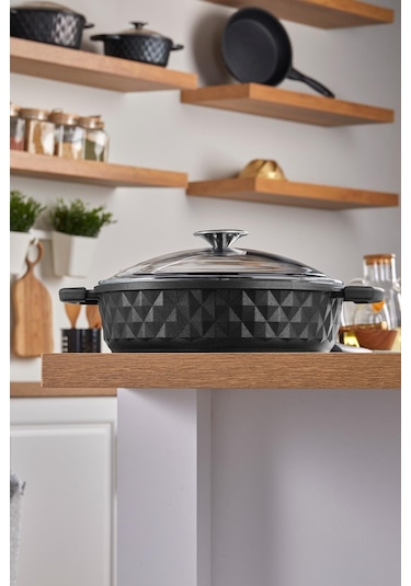 Taç Bella Cam Kapak Döküm Basık Tencere 28 Cm