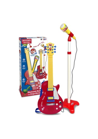 Bontempi Elektronik Rock Gitar Tuşlu Telli Askılı Ayaklı Mikrofon Kırmızı
