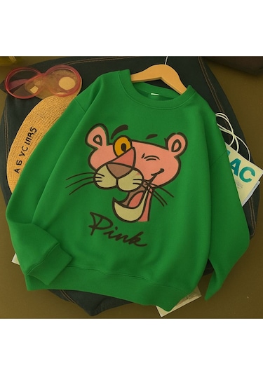 Benroma 3 İplik Penye Pink Baskılı Unisex Sweatshırt Yeşil