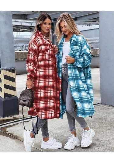 Kadın Kırmızı Uzun Ekose Detay Fırsat Ürün Ekose Ceket Kırmızı