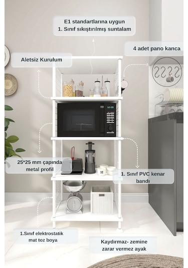 Beyaz B.d Mutfak Rafı, Mutfak Düzenleyici, 5 Raflı Mutfak Organizeri, Mutfak Dolabı, Mutfak Standı Beyaz
