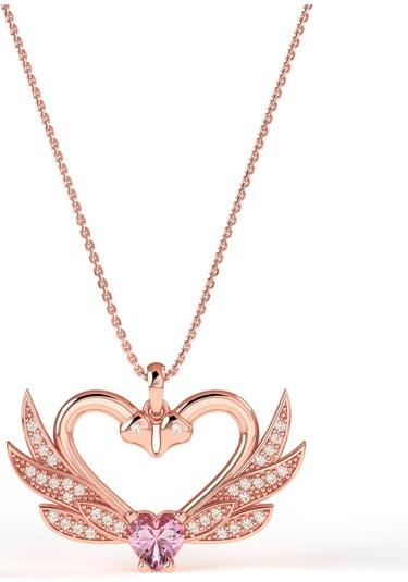 925 Ayar Zirkon Taşlı Rose Birleşen Kuğular Kalp Motifli Gümüş Aşk Kolyesi Gümüş - Rodyum