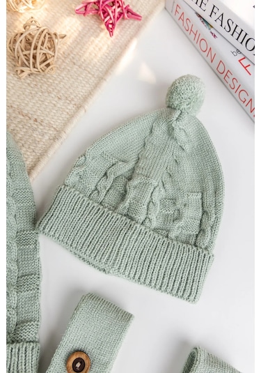 Triko Hırkalı 3'lü Ayarlanabilir Askılı Örgü Erkek Bebek Salopet Tulum Takım Set Yeşil