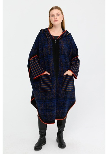 Kadın Kapüşonlu Fermuarlı Panço Siyah Siyah