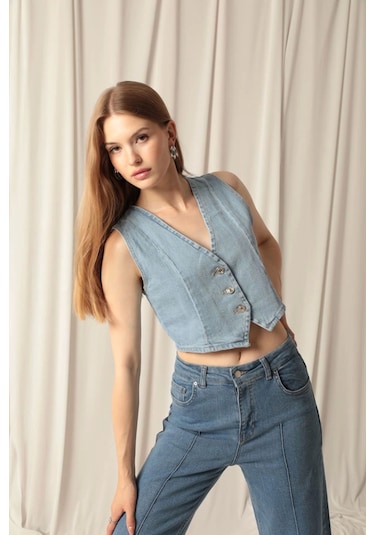 Saklımoda Denim Kumaş Kadın Mavi Kot Yelek Çok Renkli