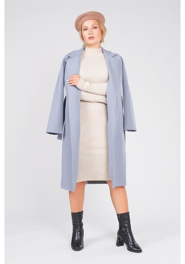 Giyim Dünyası Kadın Astarsız Kuşaklı Kaşe Kaban İndigo 001