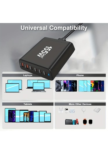 Motion003 155w 6 Portlu Masaüstü Şarj Cihazı Usb C 65w Ve Usb A 18w Hızlı Şarj Beyaz Avrupa Fişli Adaptör Dizüstü Bilgisayar İphone Uyumlu İçin