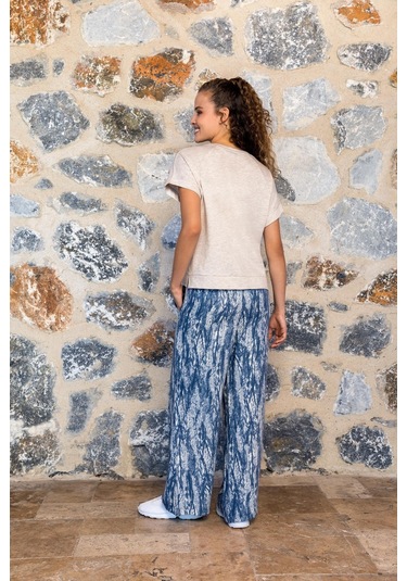 Kadın Kısa Kol Bej Mavi Pijama Takım C6t0n04y42 001