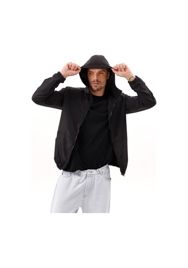 Erkek Kapüşonlu Su Ve Rüzgar Geçirmez Astarlı Oversize Yağmurluk Siyah