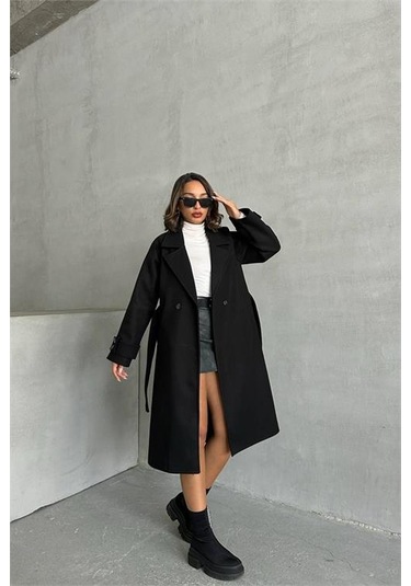 Neşeli Butik Kadın Astarlı Siyah İthal Kaşe Kaban Nbg048 Siyah