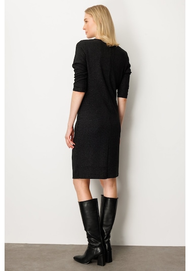 Önü Büzgülü Simli Midi Elbise Ekol Siyah