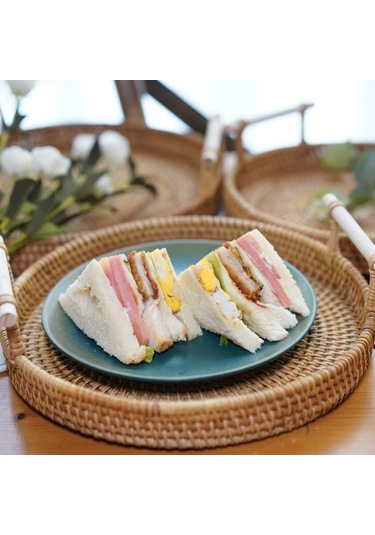 Geeksen El Dizaynlı El Yapımı Vietnam Rattan Geleneksel Tabak - Piknik, Meyve, Ekmek Taşıma Sepeti, Orta Boy İki Kollü Dayanıklı Kömür