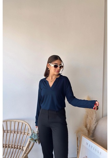 Kadın Laci Polo Yaka Basic Bluz, Uzun Kol, Regular Kesim, Günlük Ve Spor Kaliteli Kumaş Sweatshirt Lacivert