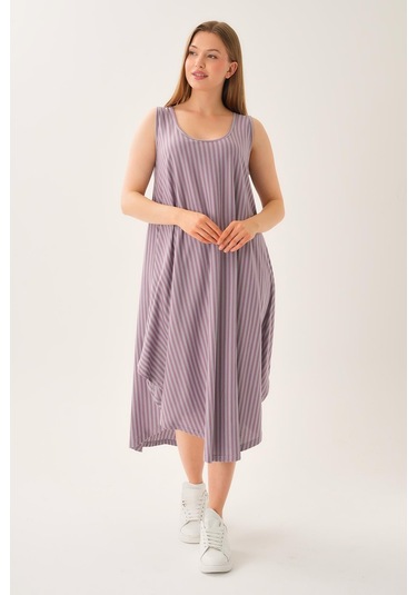 Asimetrik Kesim Çizgili Kolsuz Elbise Lila