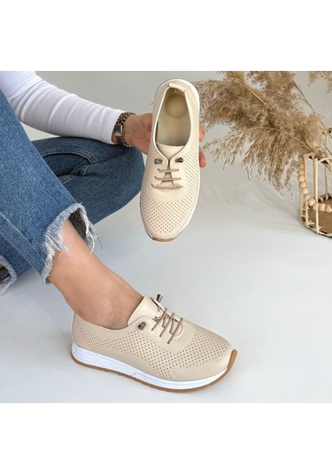 Tone Bej Cilt Bağcıklı Spor Ayakkabı Renkli Çok Renkli