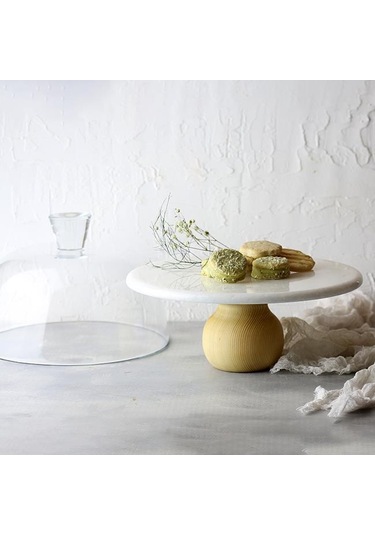 Akayev Mermer 25 CM Ahşap Ayaklı Beyaz Cam Fanus