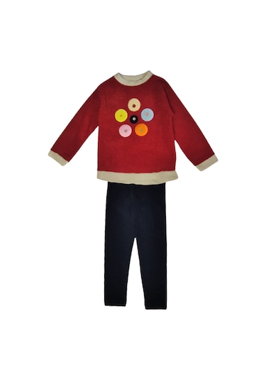Kız Çocuk Alt Üst Takım Kırmızı Yuvarlak Desenli Pamuklu Kırmızı