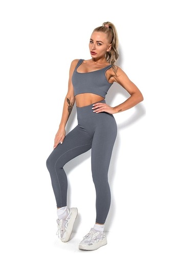 Fortunelane Kadınlar İçin Hava Alan Esnek Yoga Takımı - Gri Sporcu Sütyen Ve Tayt Seti Gri