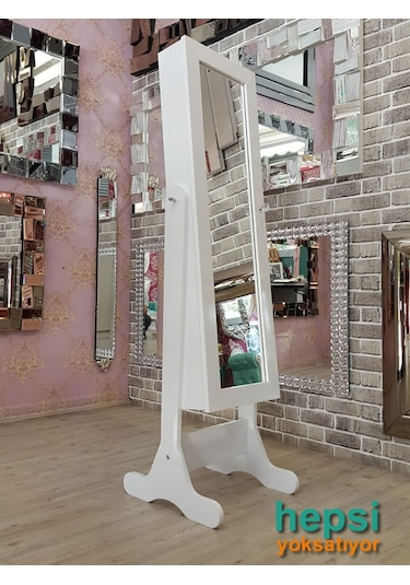 Ayna Denizi Klasik Model Beyaz Renk Ayaklı Boy Aynalı Takı Dolabı