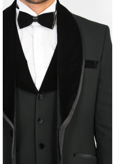 Klasik Kadife Yaka Siyah Smokin Takım - Wessi Siyah