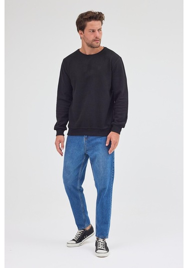 Comeor Erkek Siyah Standart Fit Normal Kesim Pamuklu Basic Bisiklet Yaka Sweatshirt Siyah
