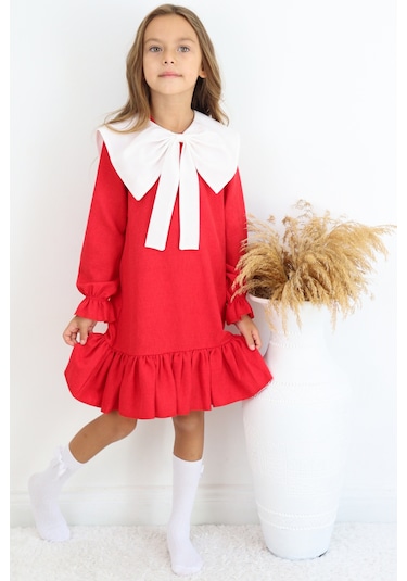 Kız Çocuk Rashel Kırmızı Yakalı Fırfırlı Uzun Kol Keten 23 Nisan 29 Ekim Gösteri Elbisesi Kırmızı