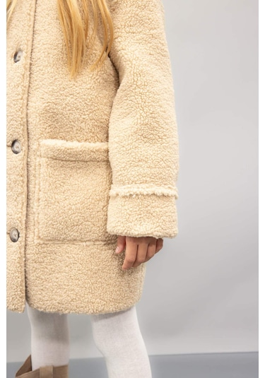 DeFacto Kız Çocuk Rüzgar Geçirmez Düğmeli Cepli Kaşe Parka C8555A824AUBG203 Bej