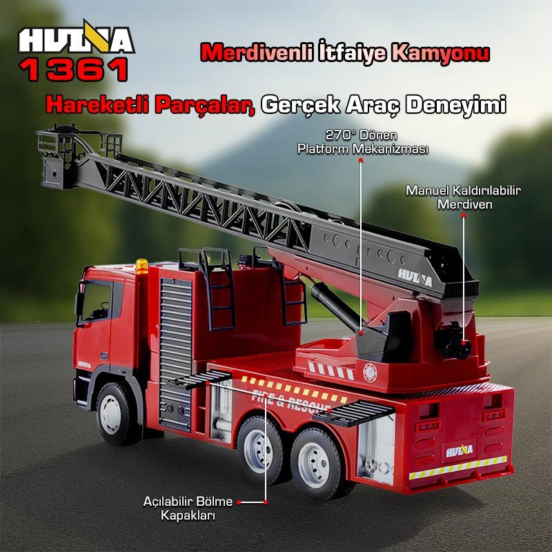 Huına 1361 1/18 15ch Rc Model Uzaktan Kumandalı Merdivenli Yangın Söndürme İtfaiye Kamyonu İş Makinesi -su Püskürtme Fonksiyonlu-2.4g Gerçekçi Similasyon Ses Ve Işık Sistemi