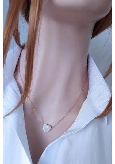 Beyaz Reçine Kalpli Kolye Gümüş Zincirli Rose Gold Kaplama Rose Gold