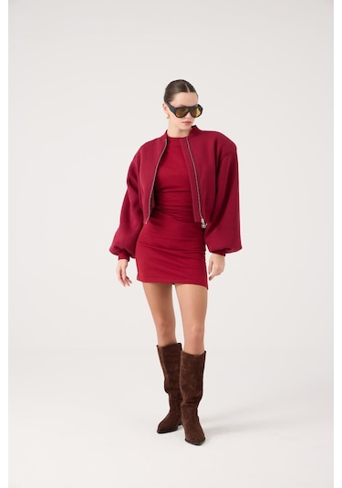 Holly Lolly Crop Kesim Vatkalı Parker Bomber Ceket Bordo