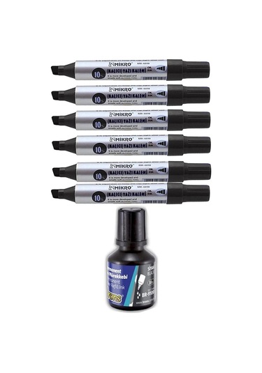 Siyah 10 Mm Kesik Uçlu Markör Permanent Kalem 6 Adet Ve Siyah Mürekkep 1 Adet Çuval Koli Kalemi