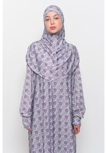 Pratik Tek Parça Güneş Desenli Kollu Tak Çıkar Başörtülü Likralı Tesettür Namaz Elbisesi 990-0302 Açık Mor Antrasit
