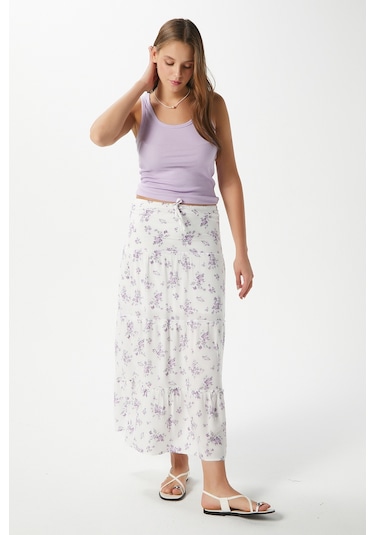 Kadın Rebekka Çiçekli Lila Astarlı Uzun Etek 17639 Beyazlila Beyaz - Lila