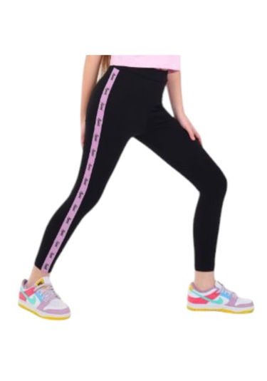 Kız Çocuk Sport Yazı Şeritli Mevsimlik Siyah Renk Tayt Siyah