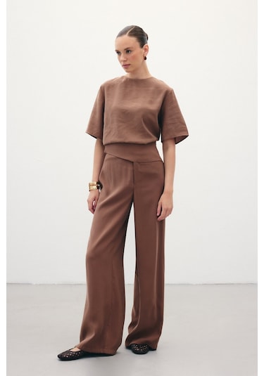 Sateen Kemer Detaylı Modal Pantolon - Kahve-136372 Kahve