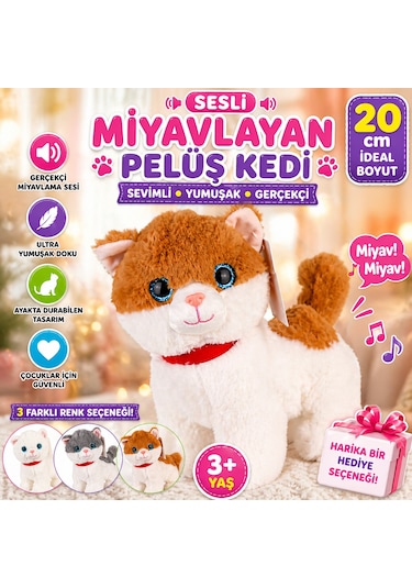 Sesli Miyavlayan Peluş Kedi 20 Cm Yumuşak Sevimli Ayakta İnteraktif Oyuncak Turuncu