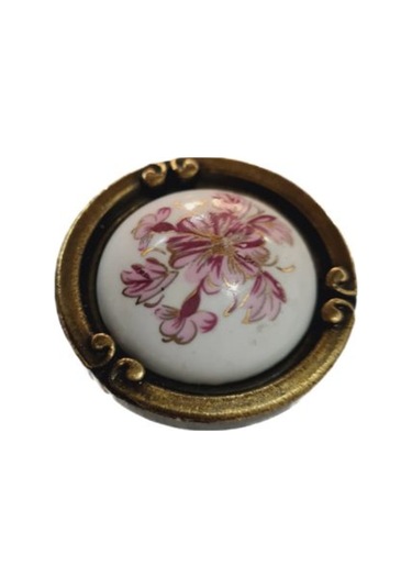 Porselen Düğme Kulp Metal Antiksarı Beyaz Motifli 02 / 5 Adet Sarı