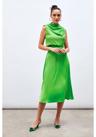 Sateen Midi Boy Saten Etek - Açık Yeşil